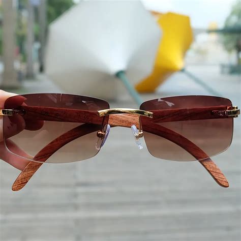 Vintage Rimless Sunglasses Wood Red Sunglass Men Luxury Eyewear Mens ...