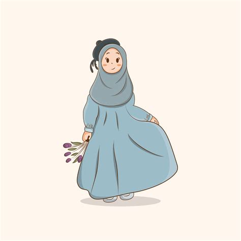 Cute Girl Hijab Holding Flower Vector Illustration, Muslim Girl with ...