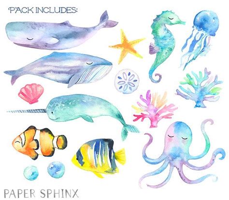 Watercolor Ocean Animals Clipart Fish Whale Nautical - Etsy | Océano en acuarela, Mar de ...