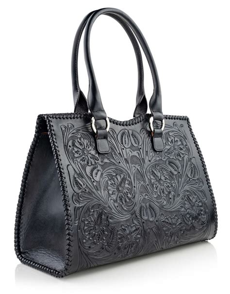 Black Leather Tote Bag Womens Tooled Leather Purse Large - Etsy