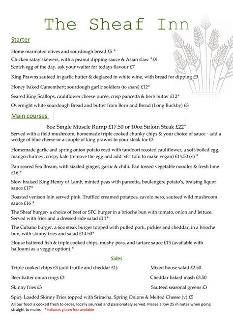 Menus | The Sheaf Inn, West Haddon, Northamptonshire