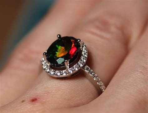 Black opal halo ring, black fire opal ring, opal bridal ring, black opal wedding, halo opal ring ...