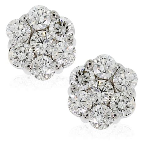 14k White Gold 3.25ctw Round Diamond Flower Cluster Stud Earrings