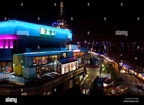 The South Bank and Christmas Market at night, London, England Stock ...