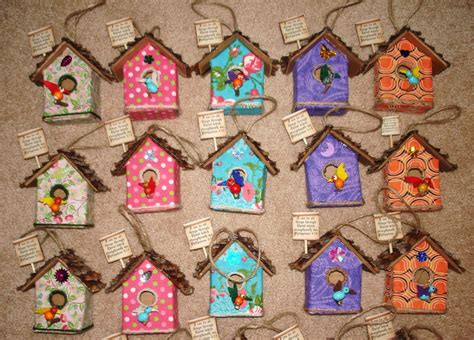 Bird houses I made for the elderly at the nursing home. These were made with cardboard, pine ...