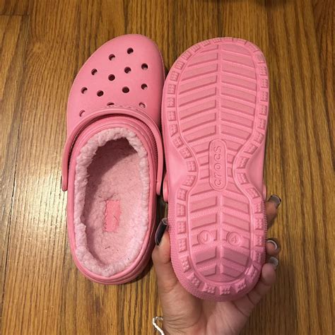 Pink fuzzy crocs never worn only tired on! Size J4 - Depop