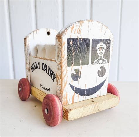 Vintage Wooden Toy DINKY DAIRY Milk Truck w/ 6 Wood Milk Bottles, Playskool 1950's