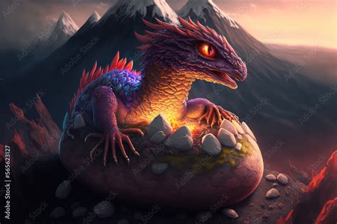 Baby dragon in a morning, the epic battle evil concept art (ai generated) Stock Illustration ...