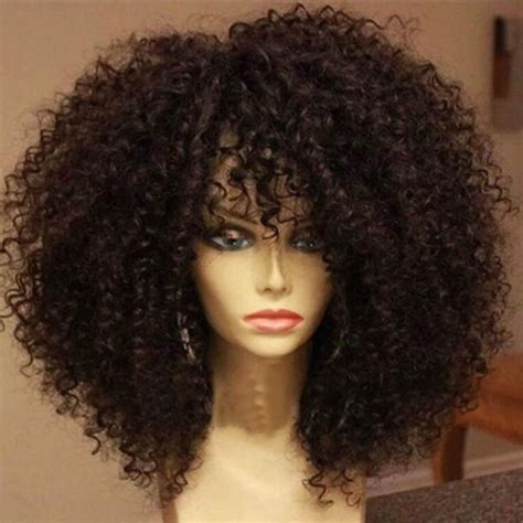 Short Side Fringe Fluffy Afro Curly Synthetic Wig 2 colors | Wish in 2021 | Front lace wigs ...