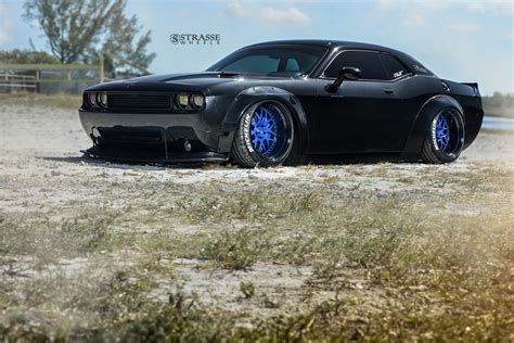 Stanced Out Black Dodge Challenger Stands Out with Gloss Blue Strasse Rims — CARiD.com Gallery