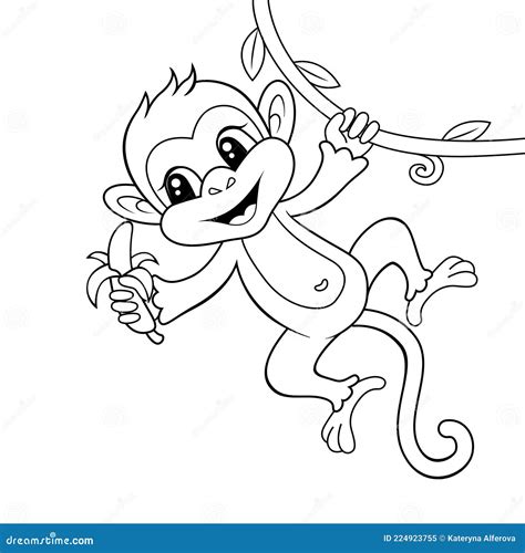 Cute Monkey with Banana. Black and White Vector Illustration for ...