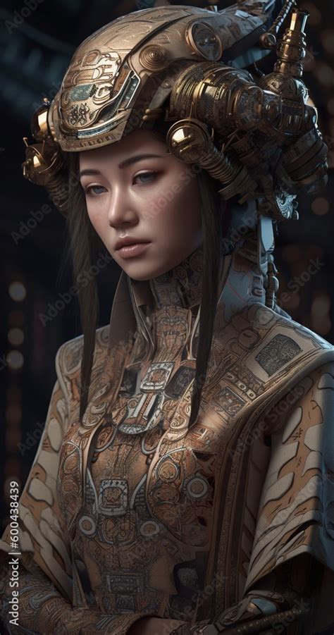 A European woman in a futuristic robot costume wearing a vintage armor ...