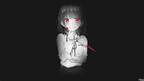 HD wallpaper: anime, anime girls, blood, red eyes, monochrome, knife ...