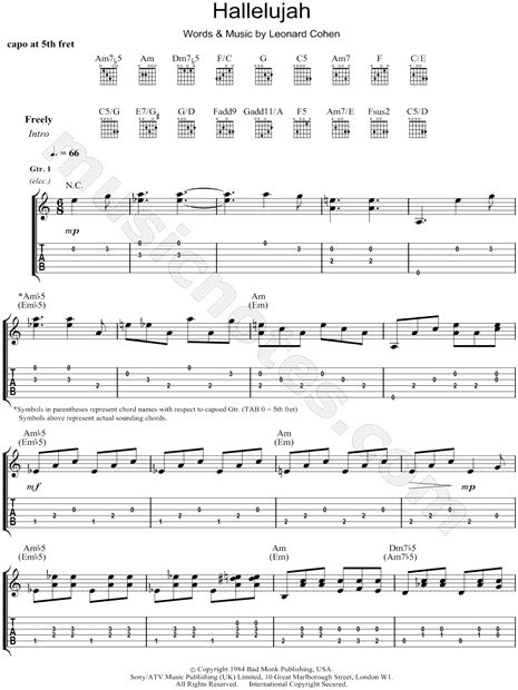 Jeff Buckley "Hallelujah" Guitar Tab in C Major - Download & Print - SKU: MN0053379