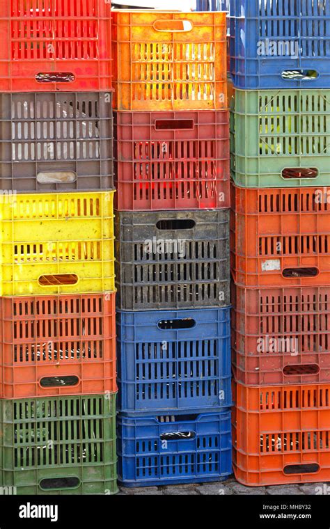 Stackable Plastic Crates for Produce at Farmers Market Stock Photo - Alamy