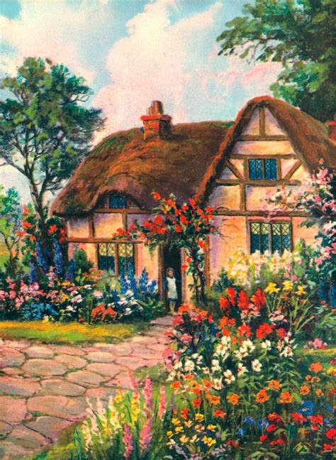 LOVELY THATCHED ROOF COTTAGE AND ENGLISH GARDEN VINTAGE ART PRINT 1920s ...