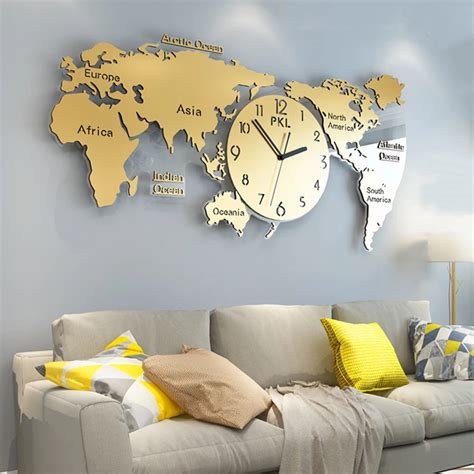 Luxury World Map Wall Clock Modern Design Living Room 3D Decoration Elegant Large Metal Clocks ...