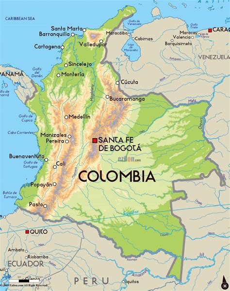 Detailed physical map of Colombia with major cities | Colombia | South America | Mapsland | Maps ...