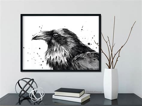 Raven Watercolor Art Print, Raven Art, Raven Decor, Raven Gift, Black Bird Art, Animal ...