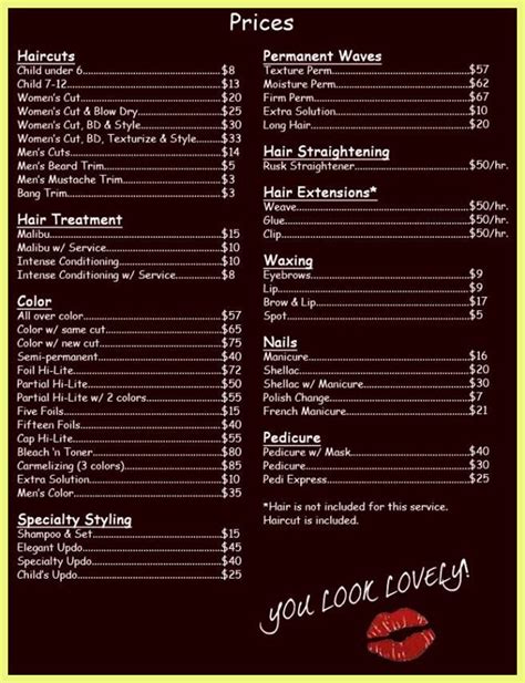 Hair Salon Prices List and Menu Design Ideas