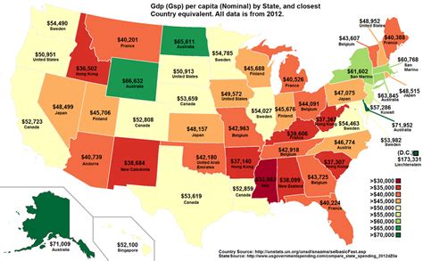 US states by GDP per capita (Nominal), and their nearest Country equivalent. [2000x1237] : MapPorn