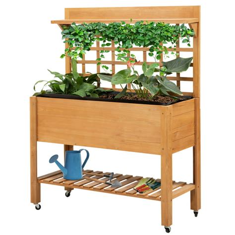 Outsunny 41'' Wooden Raised Garden Bed with Wheels, Trellis, Upper ...