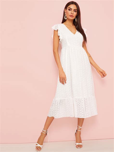 Eyelet Embroidered Ruffle Hem Midi Dress | SHEIN UK