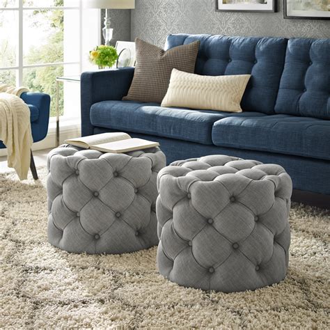 Inspired Home Perilous Linen Ottoman Allover Tufted Round Modern Contemporary 1 PC, Light Grey ...