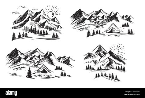 Tent camping in forest near mountains, set, hand drawn illustrations. Vector Stock Vector Image ...