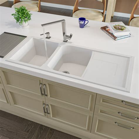 ALFI brand AB4620DI-W White 46" Double Bowl Granite Composite Kitchen Sink with Drainboard ...