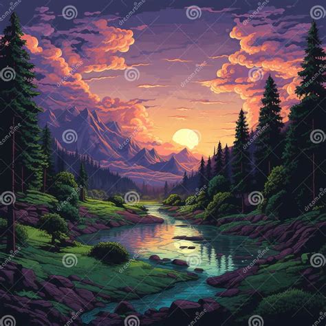 8-bit Forest Landscape at Sunset - Pixel Art Painting Stock Illustration - Illustration of ...