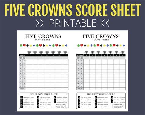 Five Crowns Score Sheet, Printable Score Sheet, Digital, Instant Download, 5 Crowns, Printable ...