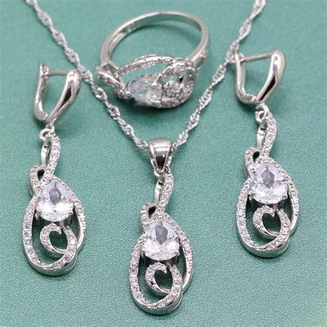 Fashion 925 Sterling Silver Jewelry Sets For Women White Crystal ...