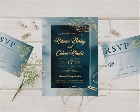 Deep Teal and Gold Wedding Invitations & RSVP Card Set | Etsy