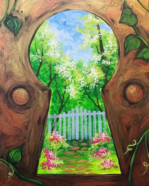 forest-landscape-through-a-keyhole-cool-easy-paintings-green-trees-pink-flowers-white-fence ...