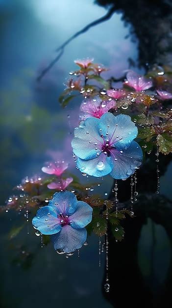 Premium Photo | A blue flower with rain drops on it