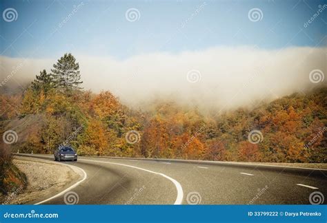 Foggy autumnal road stock photo. Image of curve, nature - 33799222