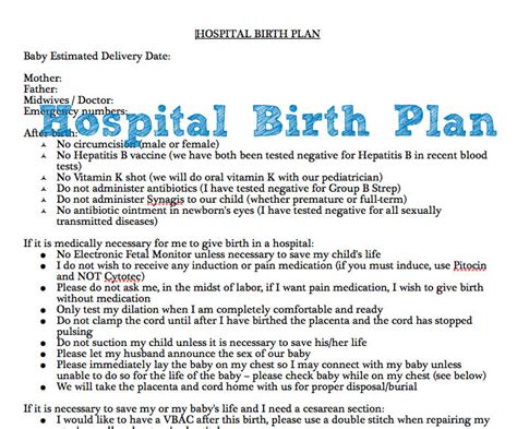 Example of Hospital Birth Plan {free printable!} - Wildflower Ramblings New