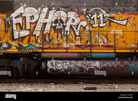 Graffiti on a train car, East of downtown, along the Los Angeles River ...