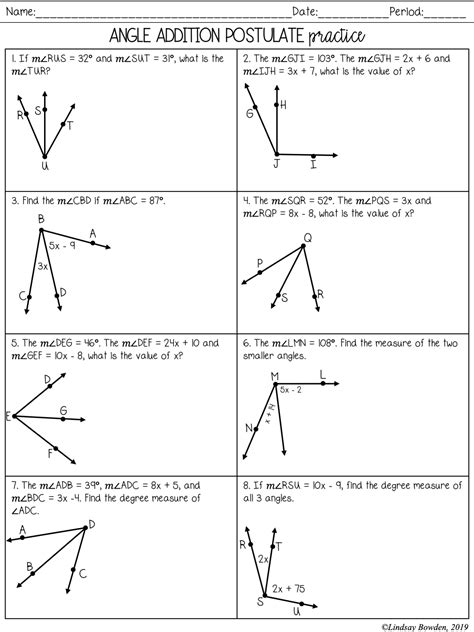 Angle Addition Postulate Worksheet Answer Key