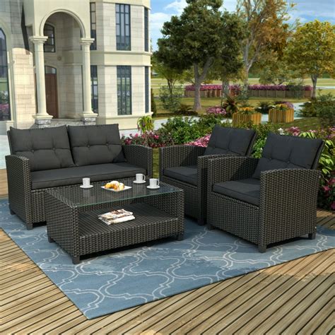 Rattan Bistro Sofa Set, 4 Piece Wicker Patio Furniture Conversation Set w/1 Loveseat, 2 ...