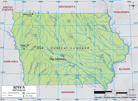 Iowa Physical Map showing Geographical / Physical Features with Rivers and Landforms