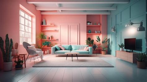 Premium Photo | A living room with a blue sofa and a pink wall that ...