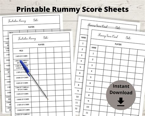 Rummy Score Sheets Frustration Rummy Score Cards, Gin Rummy Scoring Sheets, Printable Rummy ...