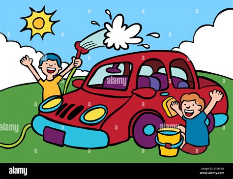 Cartoon image of kids washing car Stock Photo - Alamy