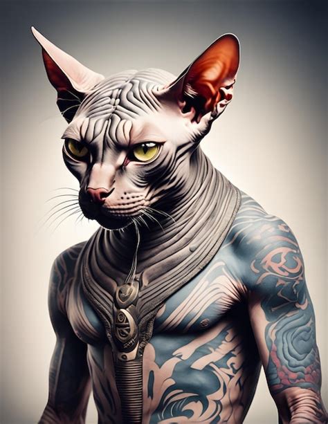 Premium AI Image | hairless muscular athletic sphynx cat with big yellow eyes and tattoos on his ...