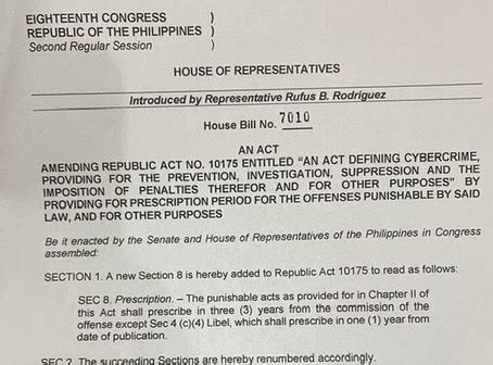 One-Year Prescriptive Period for Online Libel: House Bill No. 7010 » Philippine e-Legal Forum