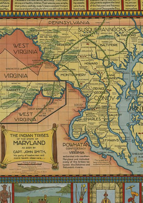 an old map of the state of virginia, with images of people and places on it