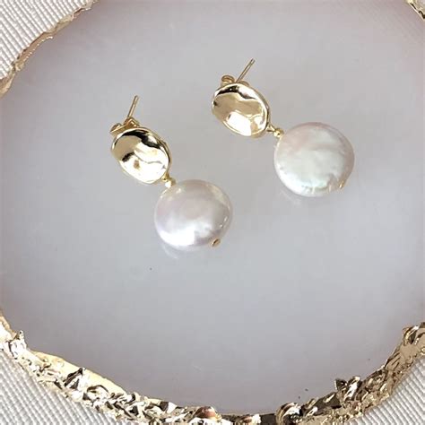 Gold Pearl Earrings - Gold stud with freshwater coin pearl drop