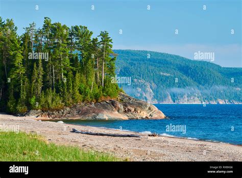 Agawa Bay with mist rising in distance over Lake Superior, Lake Superior Provincial Park ...